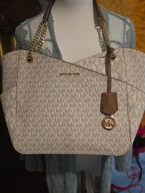 Michael Kors Beige Logo Tote with Brown Trim and Gold Hardware